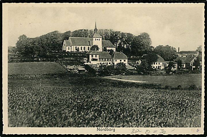 15 øre Karavel på brevkort (Nordborg kirke) dateret i Tandslet og annulleret med bureaustempel Sønderborg - Mommark Færge T.30 d. 7.4.1932 til Kliplev.
