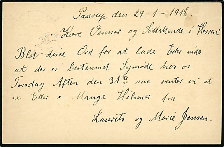 5 øre Chr. X helsagsbrevkort fra Paarup annulleret med bureaustempel Gribskovbanen T.5 d. 29.1.1918 til Højelt pr. Græsted. 