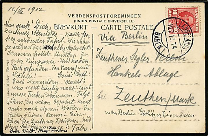 10 øre Fr. VIII på brevkort annulleret med sjældent bureaustempel Langelands Banen T.4 d. 19.7.1912 til Zeuthen/Mark, Tyskland. Påskrevet “via Berlin”. 