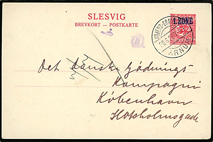 10 øre 1. Zone helsagsbrevkort dateret Store Nustrup og annulleret med bureaustempel Vojens - Gramby - Arnum T.41 d. 30.6.1920 til København. Flot anvendelse. 