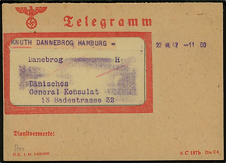 Tysk telegramformular med meddelelse fra København d. 22.3.1942 til Det dansk Generalkonsulat i Hamburg, Tyskland. Blå telegramcensur: Geprüft T A Hamburg (Landsmann type FT2.1). Interessant meddelelse vedr. flyvning over Storebælt. Kuvert medfølger. 