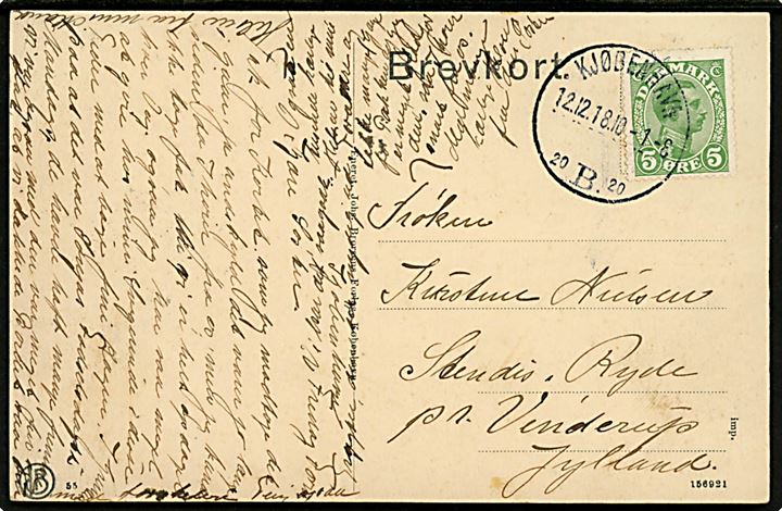 5 øre Chr. X med tydelig automatafskæring på brevkort annulleret Kjøbenhavn B. d. 12.12.1918 til Ryde pr. Vinderup. Attest Jørgensen.