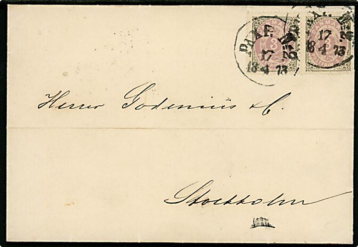 3 sk. Tofarvet (2) på brev fra Kjøbenhavn annulleret med svensk bureaustempel PKXP.No. 2  (= Falköping - Malmö) d. 17.4.1873 til Stockholm, Sverige. 