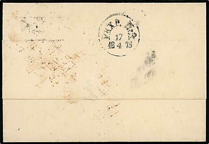 3 sk. Tofarvet (2) på brev fra Kjøbenhavn annulleret med svensk bureaustempel PKXP.No. 2  (= Falköping - Malmö) d. 17.4.1873 til Stockholm, Sverige. 