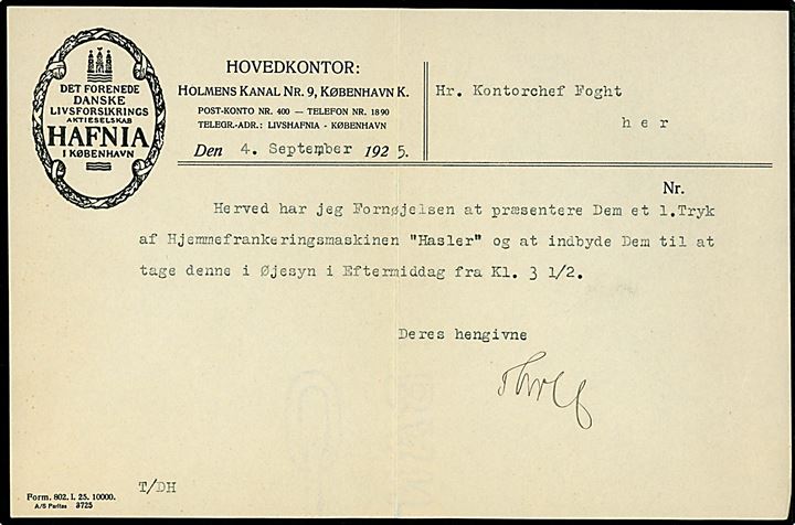 10 øre tofarvet Hasler firmafranko stempel fra Hafnia Forsikring på lokalbrev i København d. 4.9.1925. Iflg. indhold sendt fra første dag med forsøgsstempel. 