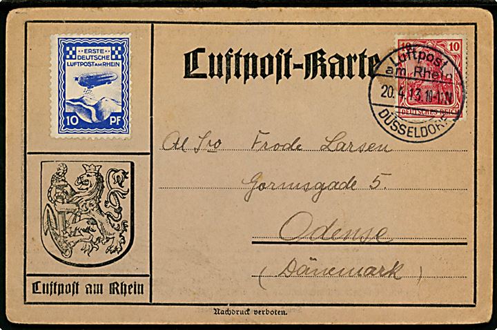 10 pfg. Germania og 10 pfg. Luftpostmærke på Luftpost-karte annulleret Luftpost am Rhein / Düsseldorf d. 20.4.1913 til Odense, Danmark. Befordret med militært Zeppelin luftskib “Ersatz Z.II” (L.Z.9).