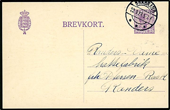 15 øre Chr. X helsagsbrevkort (uden fabr. nr.) sendt fra Brabrand d. 22.9.1924 til Randers. Variant ikke omtalt i Skilling. 