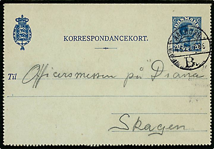 20 øre Chr. X helsags korrespondancekort (uden fabr. nr.) annulleret brotype Vb Aalborg B. d. 14.5.1921 til officersmessen på inspektionsskibet “Dania” i Skagen. Variant ikke omtalt i Skilling.