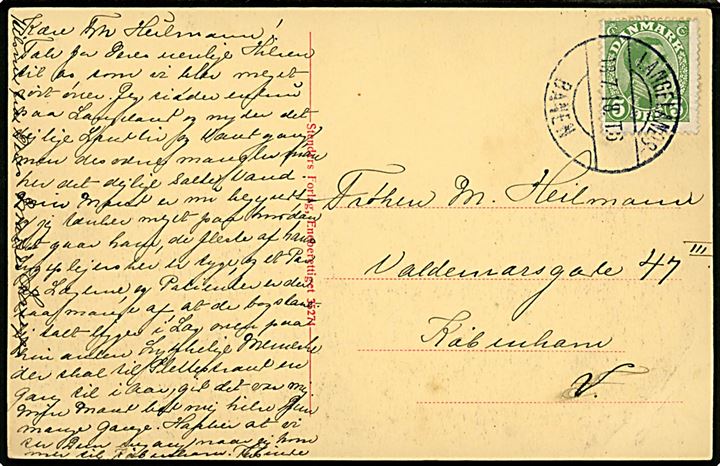 5 øre Chr. X på brevkort annulleret med bureaustempel Langelands Banen T.6 d. 17.7.1918 til København.