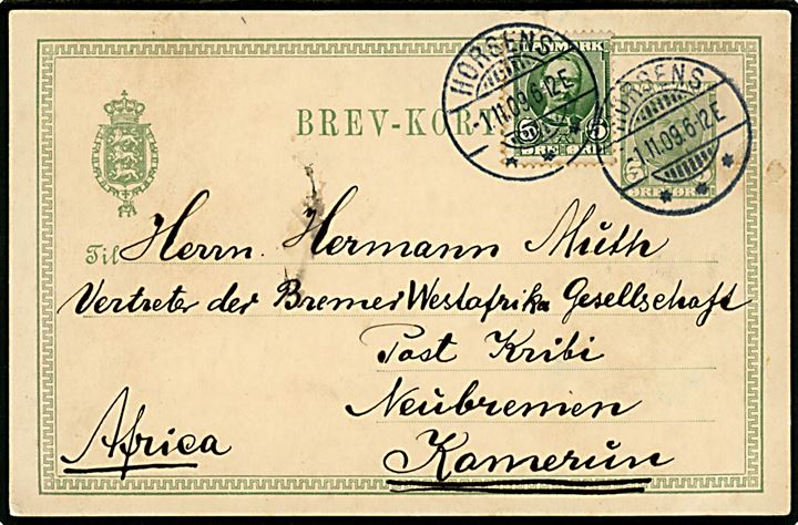 5 øre Fr. VIII helsagsbrevkort opfrankeret med 5 øre Fr. VIII fra Horsens d. 1.11.1909 til Neubremen, Post Kribi, Kamerun, Afrika. God destination. Hj. knæk.