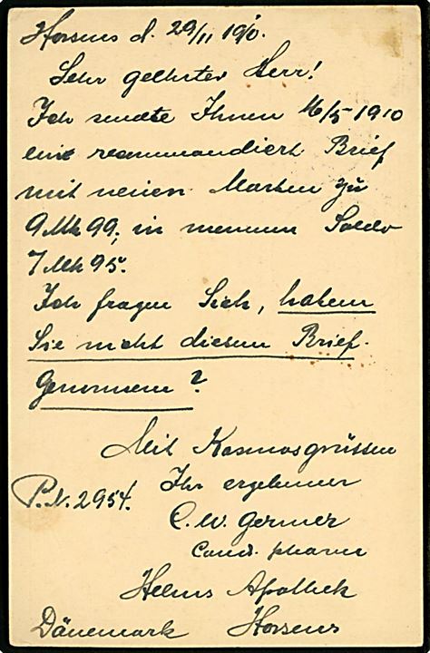 10 øre Fr. VIII helsagsbrevkort fra Horsens d. 30.11.1910 til Neubremen, Post Kribi, Kamerun, Afrika. Transit stemplet Lolodorf / Kamerun d. 7.1.1911. 