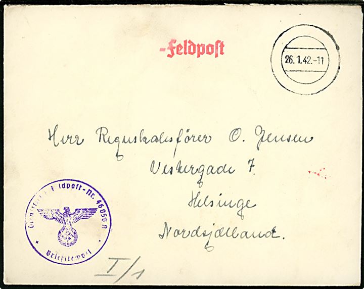 SS-feltpostbrev med stumt stempel d. 26.1.1942 fra dansk frivillig Sturmmann S. M. Friis ved feltpost-nr. 46050E (= 4. Kompanie Freiwilligen-Verband Dänemark) til Helsinge, Danmark. Briefstempel og SS-feltpostcensur fra Berlin.