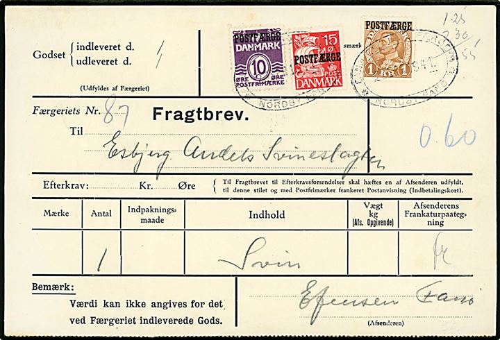 10 øre Bølgelinie, 15 øre Karavel og 1 kr. Chr. X Postfærge provisorium på 1,25 kr. frankeret fragtbrev annulleret Fanø-Esbjerg Færgeri * Nordby Fanø * d. 23.9.1941 til Esbjerg. God forsendelse fra Fanø.