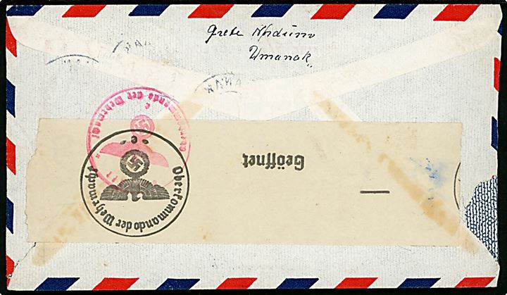 5 øre Chr. X og 1 kr. Isbjørn på luftpostbrev påskrevet “via New York - Lissabon” fra Umanak d. 25.6.1941 til København, Danmark. Åbnet af tysk censur i Frankfurt.