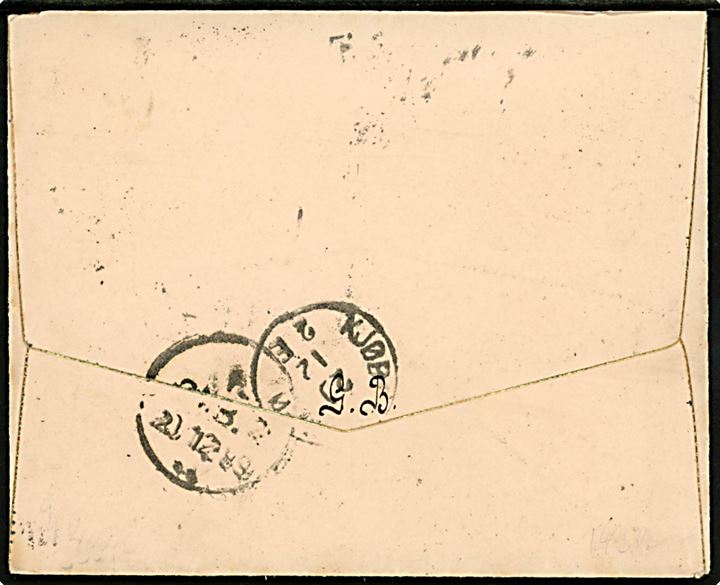 Svensk 10 öre Oscar II med posthorn på skibsbrev fra Malmö annulleret med skibsstempel “Fra Sverige M.” (omvendt “M.”) og sidestemplet Kjøbenhavn d. 20.12.1889 til Kjøbenhavn, Danmark. Sjælden.