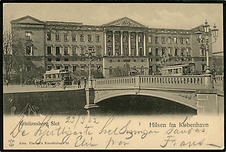 5 øre Våben på brevkort (Kristiansborg Slot) annulleret med svensk sejlende bureaustempel Malmö - Köpenh. d. 23.3.1902 til Tierp, Sverige.