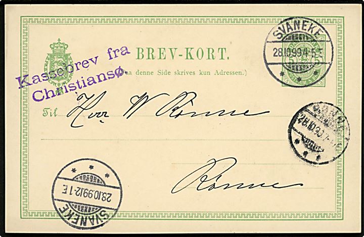5 øre Våben helsagsbrevkort annulleret Svaneke d. 28.10.1899 og sidestemplet med violet skibsstempel: “Kassebrev fra Christiansø” til Rønne. Flot kvalitet.