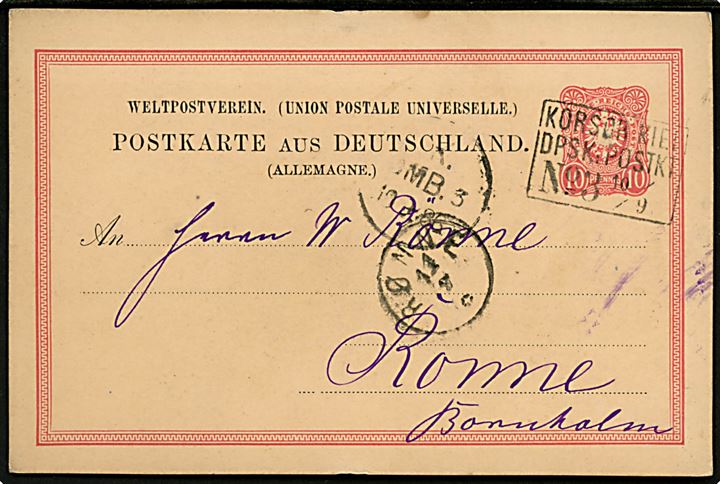 Tysk 10 pfg. helsagsbrevkort annulleret m. skibsstempel KORSØR-KIEL DPSK:POSTKT: No. 3 10.9.1888 via Kjøbenhavn til Rønne på Bornholm. 