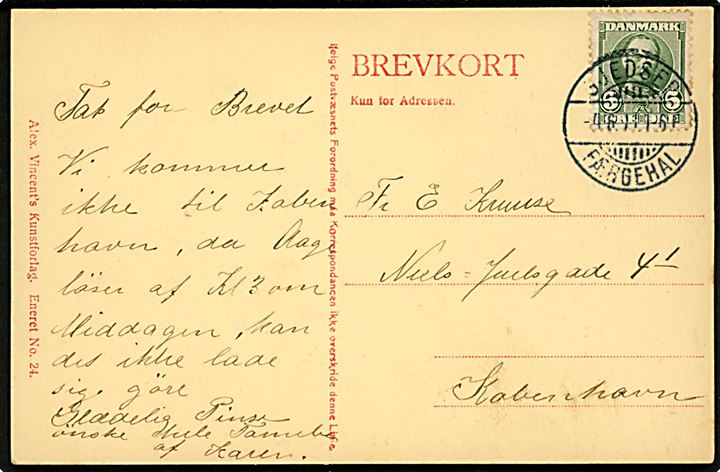5 øre Fr. VIII på brevkort annulleret med tydeligt brotype Ia stempel Gjedser Færgehal d. 4.6.1911 til København. 
