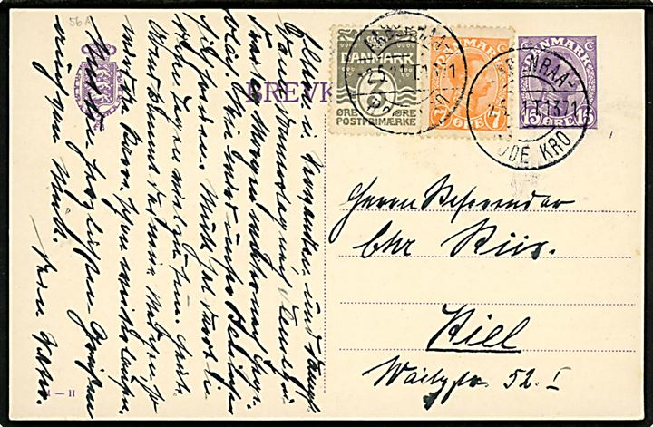15 øre Chr. X helsagsbrevkort (fabr. 61-H) opfrankeret med 3 øre Bølgelinie og 7 øre Chr. X annulleret med bureaustempel Aabenraa - Røde Kro T.1371 d. 2.5.1921 til Kiel, Tyskland.