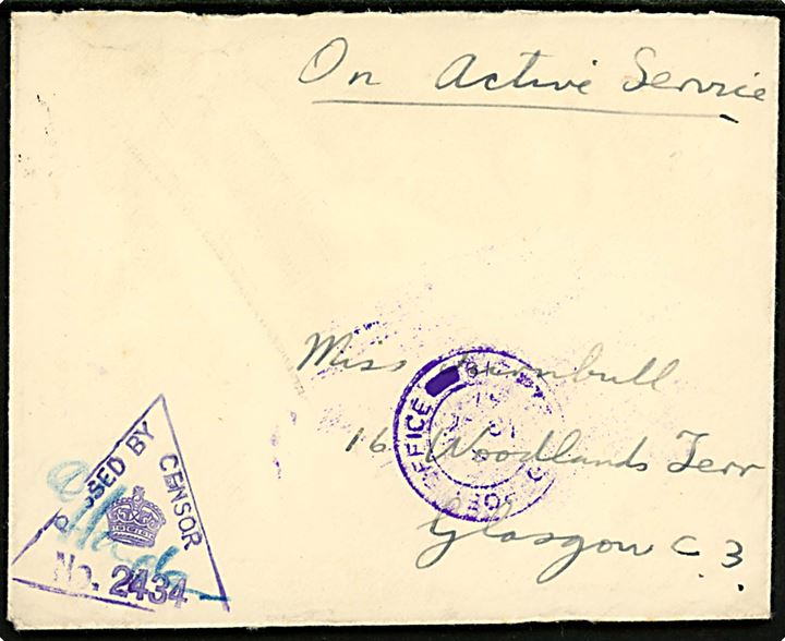 Ufrankeret feltpostbrev On Active Service med violet feltpoststempel FIELD POST OFFICE 219 d. 18.9.1941 (= Thorshavn, Færøerne) til Glasgow, Scotland. Blåligt censurstempel: Passed by censor No. 2134.