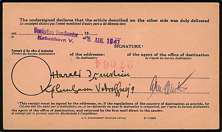 Amerikansk Modtagelsesbevis - C5 Form 2865 - for anbefalet brev fra Minneapolis d. 11.7.1941 udleveret ved Vesterbro Postkontor i København og stemplet København V. d. 8.8.1941 til Minneapolis, USA. Passér stemplet “Ab” ved den tyske censur i Berlin.