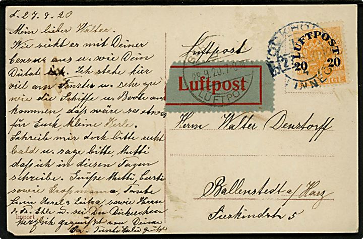 20/2 öre Luftpost provisorium single på luftpost brevkort med rød/blå Luftpost etiket annulleret Stockholm Linnég. d. 27.9.1920 via Berlin C2 Luftpost d. 28.9.1920 til Ballenstedt a/Harz, Tyskland. Korrekt porto.