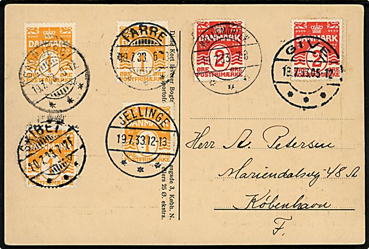 1 øre (4) og 2 øre (2) Bølgelinie på filatelistisk brevkort annulleret i Gadbjerg, Farre, Kollemorten, Give, Skibet og Jellinge i dagene 18.-20.7.1933 til København. Blandt stemplerne er to hidtil ukendte brotype Ic stempler fra GADBJERG og FARRE d. 19.7.1933. Stor sjældenhed.
