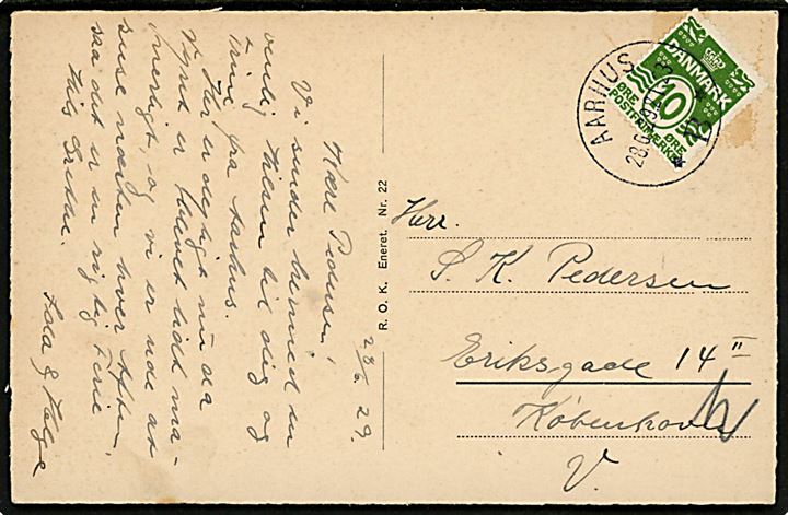 10 øre Bølgelinie på brevkort annulleret med brotype IIIc-1 Aarhus *B* d. 28.6.1929 til København. Stempel ikke registreret af Vagn Jensen.