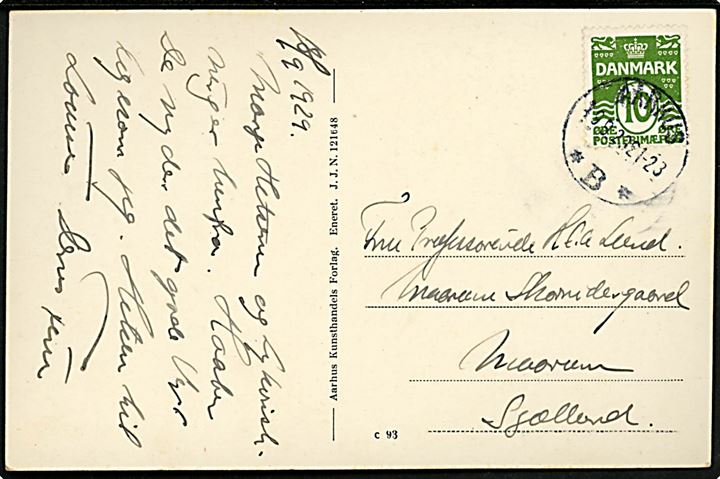 10 øre Bølgelinie på brevkort annulleret med brotype IIIc-2 Aarhus *B* d. 19.8.1929 til Maarum. Stempel ikke registreret af Vagn Jensen.