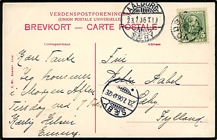 5 øre Chr. IX på brevkort annulleret med stjernestempel VODSKOV og sidestemplet bureau Aalborg - Sæby T.19 d. 23.7.1906 til Sæby. Bx: 2000,-
