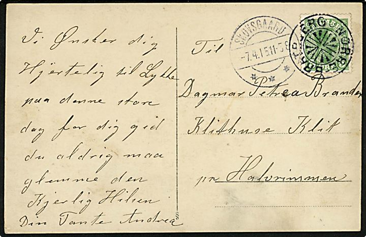 5 øre Chr. X på brevkort annulleret med stjernestempel NØRRE-BRATBJERG og sidestemplet Skovsgaard d. 7.4.1915 til Halvrimmen. Stempel kun registreret anvendt  i 1915. Bx: 2400,-