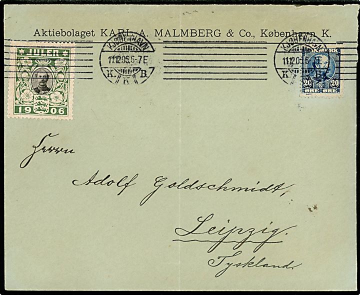 20 øre Chr. IX og Julemærke 1906 på fortrykt kuvert fra firma A/S Karl A. Malmberg & Co. i Kjøbenhavn d. 11.12.1906 til Leipzig, Tyskland. Svag lodret fold. 