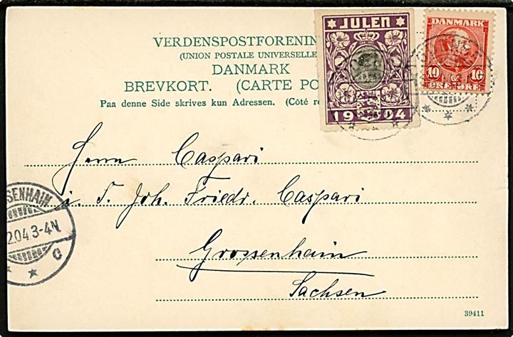10 øre Chr. IX og Julemærke 1904 stukken kant på brevkort (Odense, St. Knuds Kirke og Raadhuset) fra Odense d. 15.12.1904 til Grossenhaim, Tyskland.