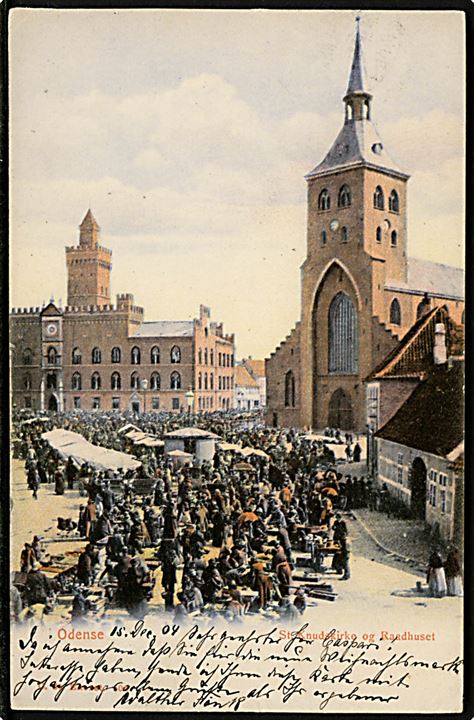 10 øre Chr. IX og Julemærke 1904 stukken kant på brevkort (Odense, St. Knuds Kirke og Raadhuset) fra Odense d. 15.12.1904 til Grossenhaim, Tyskland.