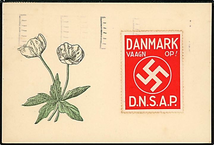 10 øre Bølgelinie på brevkort fra Randers d. 22.12.1934 til Thustrup pr. Skørping. På bagsiden “D.N.S.A.P. / Danmark Vaagn Op!” mærke bundet til kortet af stempel afsmitning. 