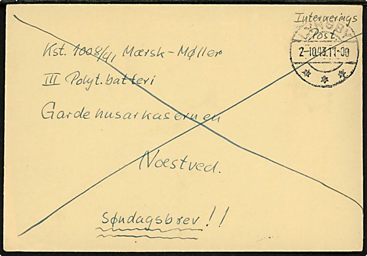Ufrankeret søndagsbrev mærket “Interneret Post” fra Lyngby d. 2.10.1943 (= lørdag) til interneret kst. 1008/41 Mærsk-Møller ved III Polyt. batteri, Gardehusarkasernen i Næstved.