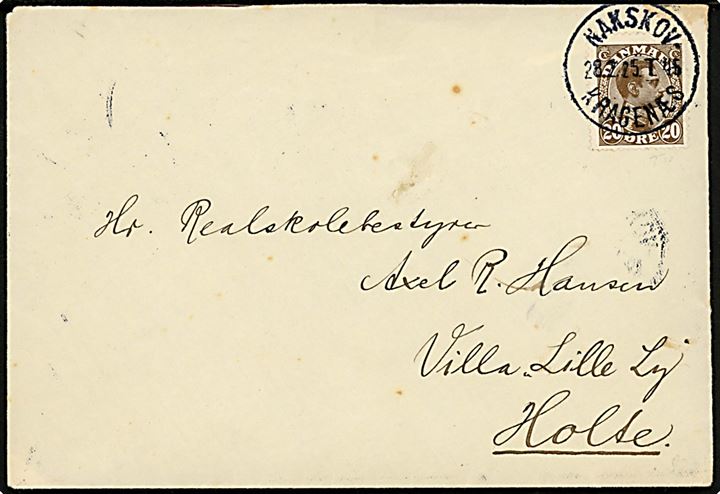 20 øre Chr. X på brev annulleret med tydeligt brotype IIIe bureaustempel Nakskov - Kragenæs T.45 28.2.1925 til Villa “Lille Ly” i Holte.