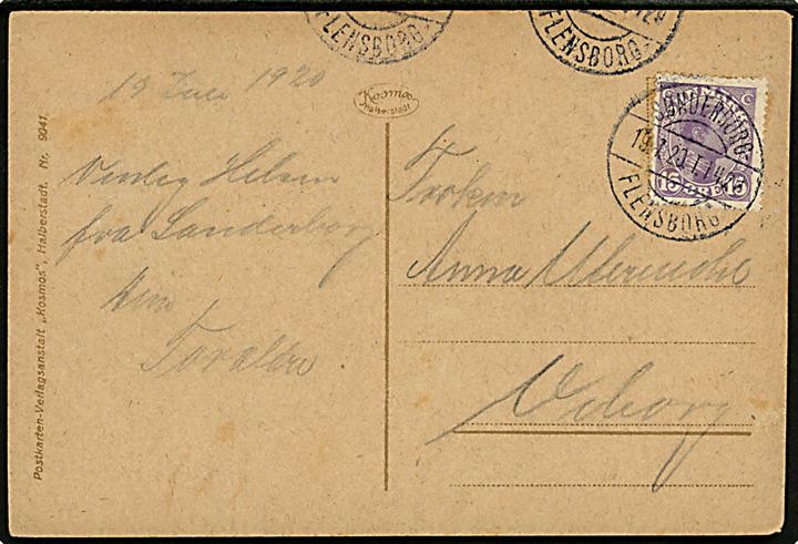 15 øre Chr. X på brevkort (Sønderborg havn) annulleret med bureaustempel Sønderborg - Flensborg sn1 T.1420 d. 19.7.1920 til Viborg. Sjældent stempel kun benyttet indtil sept. 1920.