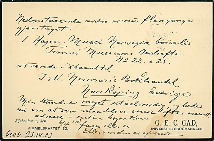 5 øre Våben helsagsbrevkort fra København annulleret med svensk sejlende bureaustempel Malmö - Köpenh. d. 6.4.1903 til Tromsø, Norge. 