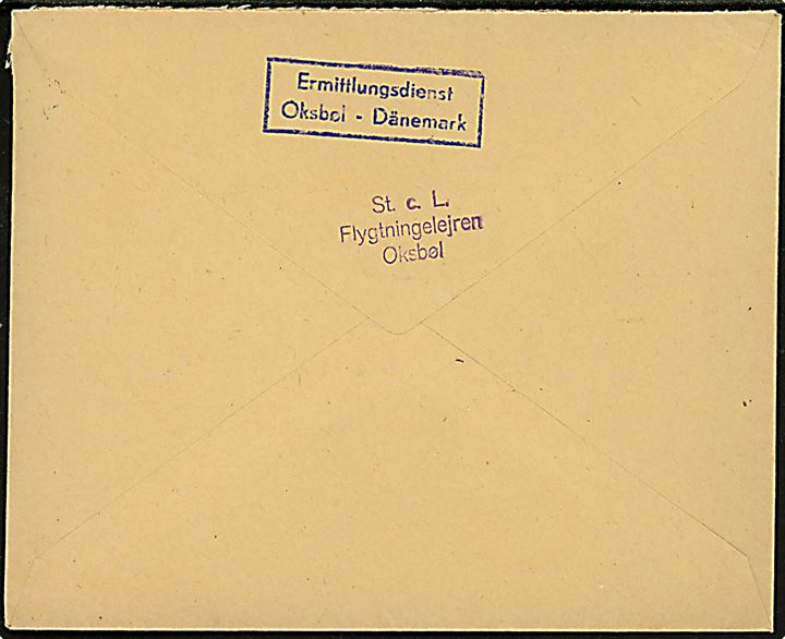 20 øre Chr. X på brev fra Oksbøl d. 17.1.1948 til Civile Arbeitsorganisation i København. På bagsiden stemplet både: “Ermittlungsdienst Oksbøl - Dänemark” og “St. c. L. Flygtningelejren Oksbøl”. 