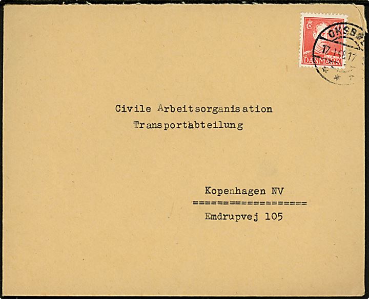 20 øre Chr. X på brev fra Oksbøl d. 17.1.1948 til Civile Arbeitsorganisation i København. På bagsiden stemplet både: “Ermittlungsdienst Oksbøl - Dänemark” og “St. c. L. Flygtningelejren Oksbøl”. 