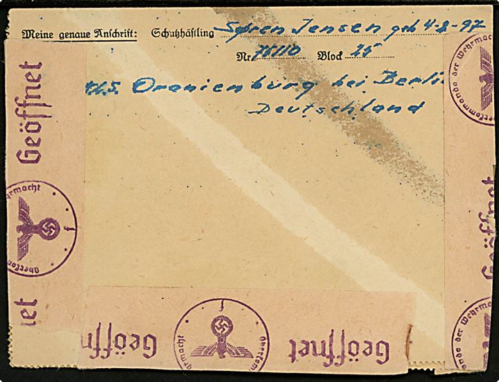 25 pfg. Hitler på korrespondancekort fra dansk fange, Søren Johan Jensen, i KZ-lejr Sachsenhausen dateret d. 30.4. og stemplet Oranienburg d. 13.5.1944 til hustru i Esbjerg. Støberiarbejder Søren Jensen blev arresteret for modstandsarbejde i Esbjerg d. 6.10.1943.