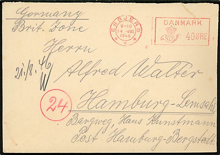 20 øre posthusfranko frankeret brev stemplet Esbjerg d. 14.8.1946 til Hamburg, Tyskland. Sendt fra tysk flygtning med violet censurstempel: CENSURERET / Flygtningelejren Rom / Lemvig. 