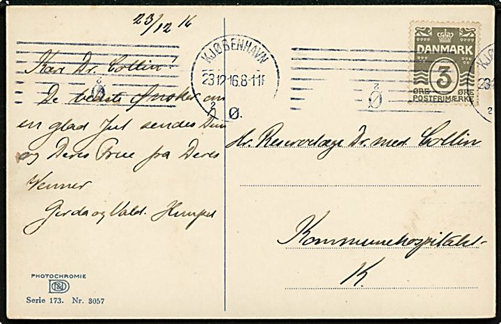3 øre Bølgelinie på lokalt brevkort annulleret med reserve BMS Kjøbenhavn Ø sn2 med 7 linier og omvendt “Ø 2” d. 23.12.1916. Ank.stempel benyttet som reservestempel i juleperioden.