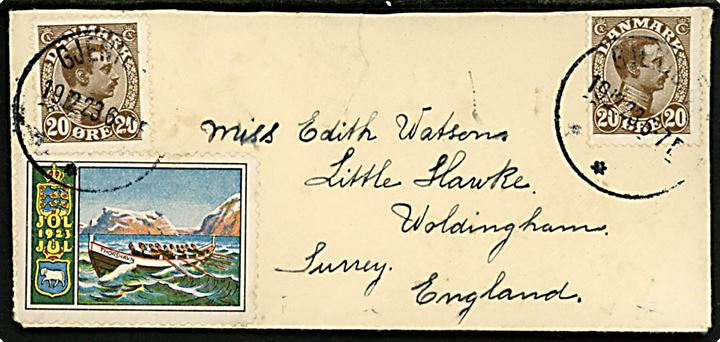 20 øre Chr. X (2) og Julemærke 1923 på lille brev fra Gjentofte d. 19.12.1923 til Woldingham, England.