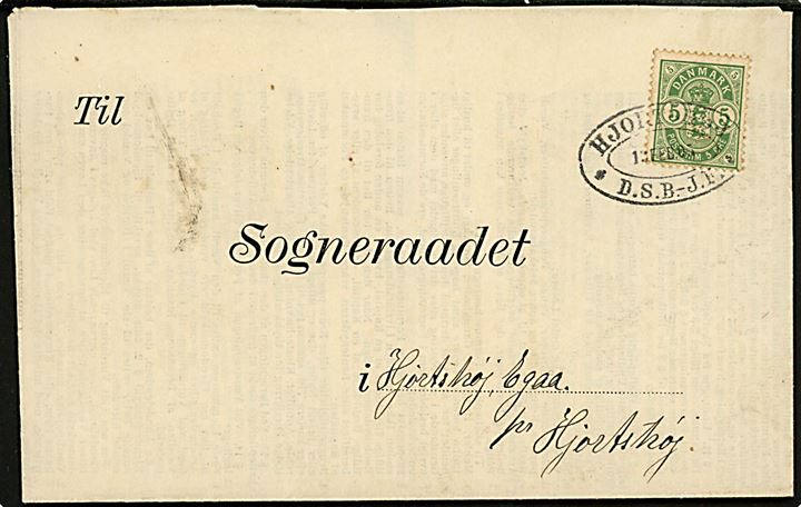 5 øre Våben på lokalbrev annulleret med ovalt jernbane-stempel HJORTSHØJ * D.S.B. - J.F. * d. 13.2.1905 til Sogneraadet for Hjortshøj, Egaa pr. Hjortshøj. 