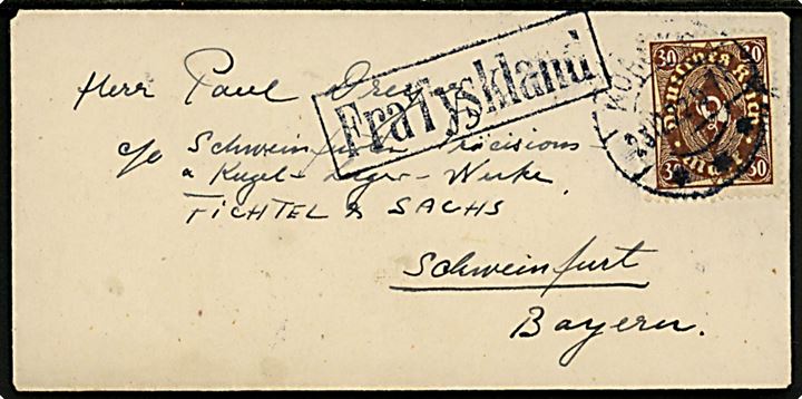 Tysk 30 mk. Infla udg. på lille skibsbrev annulleret med dansk brotype IIb Korsør d. 23.12.1923 og sidestemplet “Fra Tyskland” til Schweinfurt, Bayern, Tyskland.