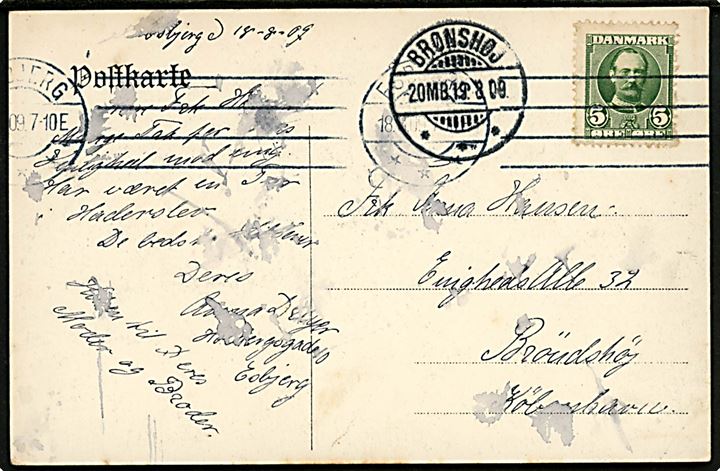 5 øre Fr. VIII på brevkort (Aastrupweg bei Hadersleben)fra Esbjerg d. 18.8.1909 til Brønshøj pr. København. Ank.stemplet med sjældent brotype Ii Brønshøj 2 OMB d. 19.8.1909.
