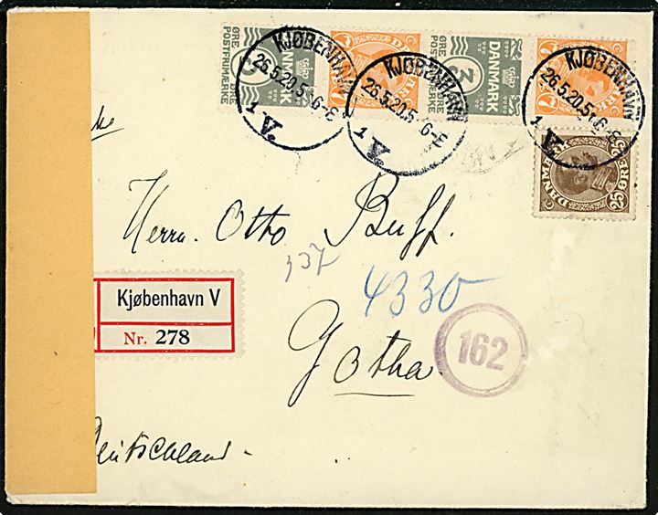 7 øre Chr. X og 3 øre Bølgelinie PERLEGRÅ i lodret automat-sammentrykt 4-stribe, samt 25 øre Chr. X, på anbefalet brev fra Kjøbenhavn d. 26.5.1920 til Gotha, Tyskland. Åbnet af tysk valutakontrol. 